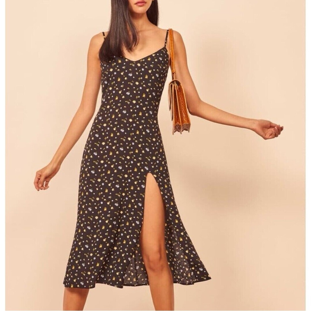 REFORMATION Black Floral Print Crimini Posie High Slit V-Neck Slip-Dress